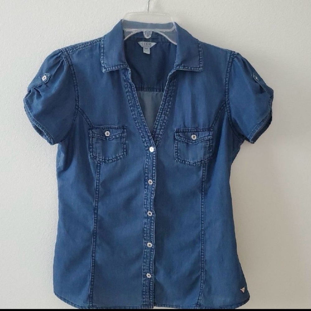 Women's GUESS Blue Denim Button-Up Top - Picture 2 of 8